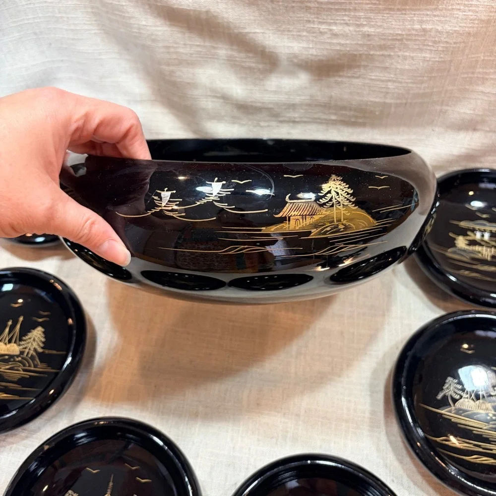 Vintage Japanese Black‎ Lacquerware Bowl Set 7pc Mt Fuji Pagoda Gold Landscape